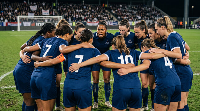 NWSL team huddle on field before playoff match in competitive atmosphere  