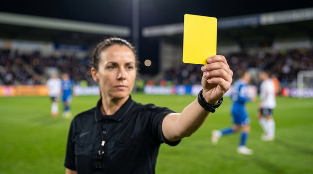 Referee displaying a yellow card during an NWSL playoff match  