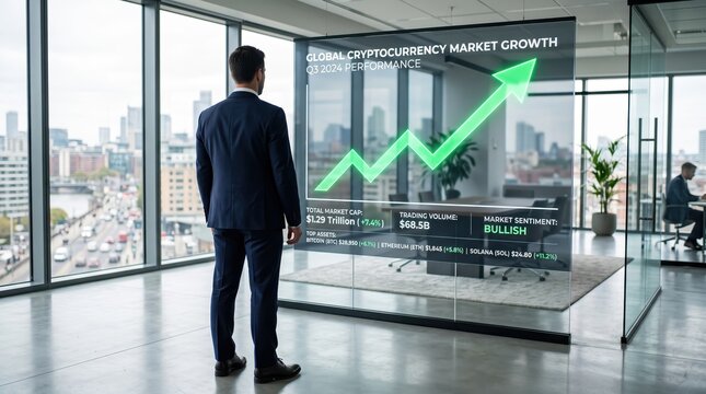 Businessman viewing augmented reality cryptocurrency market growth chart, bitcoin investment analysis, blockchain financial trading platform, global economy stock market trend