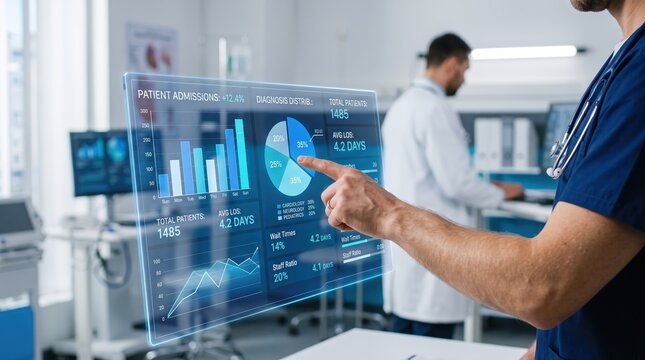Doctor interacting with futuristic medical dashboard displaying patient admissions and diagnosis statistics, using augmented reality for hospital management and healthcare data