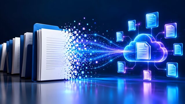 Cloud storage migration concept with paper documents converting into digital data particles flowing into a glowing network server