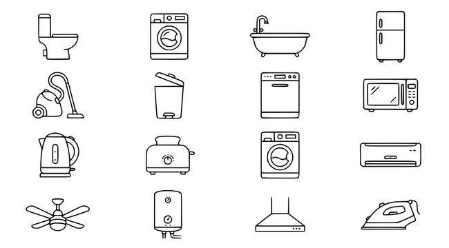 Home Appliances and Household Essentials Line Icons