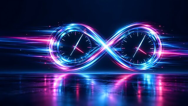 Futuristic time continuum concept with neon glowing infinity symbol and clock faces representing eternal speed