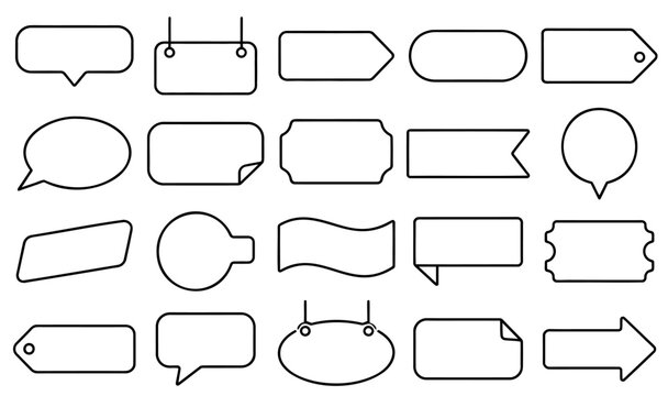 Minimalist vector set of various blank speech bubbles and price tags featuring clean outlines isolated on transparent background