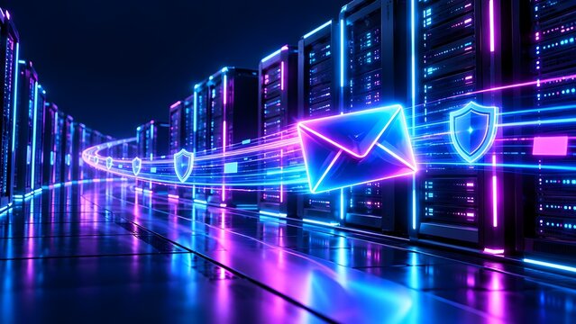 Secure email delivery network concept with glowing envelope and shield icons traveling rapidly through modern data center servers