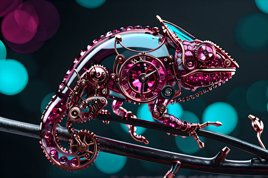 Detailed mechanical chameleon made of ruby red glass and clockwork gears with clock face on a branch, 3D render