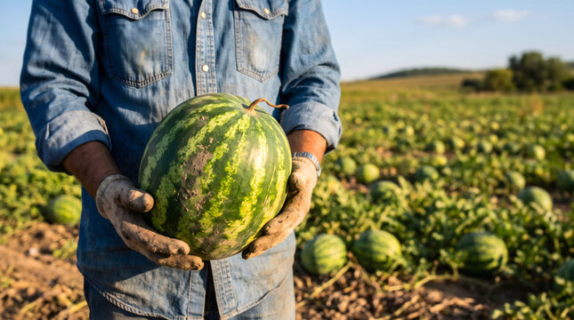 Farming Harvest, Watermelon Detail, Watermelon in the farmer's hand against the background of a field of ripening watermelons Generative AI