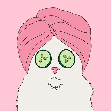 Portrait Vector Illustration of a White Beautiful Cat Relaxing in Spa with Cucumber Slices on Eyes and Pink Turban Head Towel. Isolated on Pastel Background