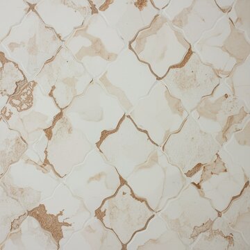 Handmade zellige style tiles in warm white with beige and ochre veining in an arabesque lantern pattern, top view ceramic wall tile texture