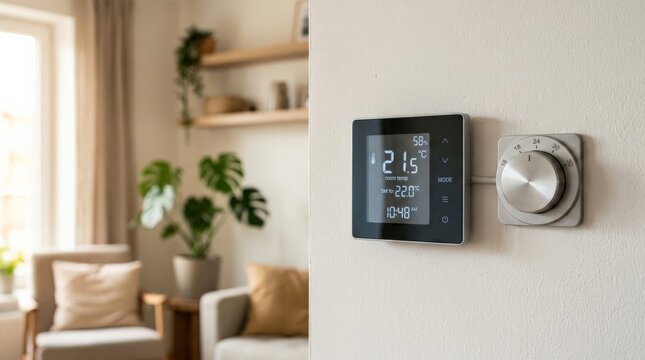 A close up view of a digital smart thermostat mounted on a white wall in a cozy living room, showing current room temperature and humidity with touch controls and a rotary dial