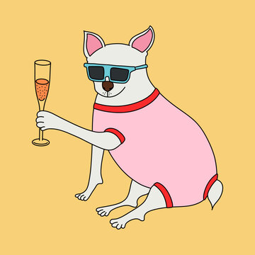 Portrait Vector Illustration of a White Cute Dog Wearing a Pink Vest and Sunglasses, Holding a Glass of Orange Juice Isolated on Yellow Background
