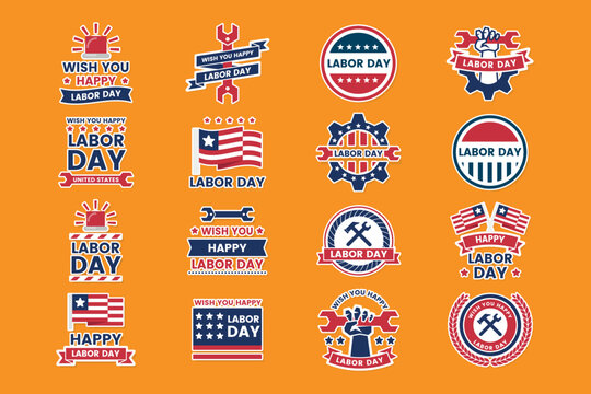 Happy Labor Day vector badge set with American flag, wrench, gear, hammer, raised fist and patriotic ribbon emblems illustration
