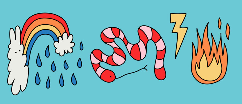 Illustration Set of Whimsical Colourful Icon Collection with Fluffy Bunny, Rainbow, Cloud, Blue Rain Drops, Pink and Red Snake, Yellow Energy Ray and Fire