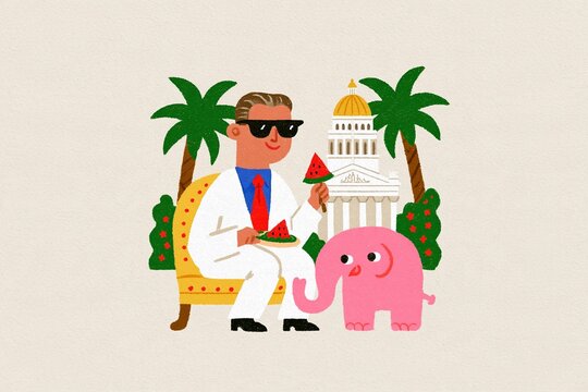 Man eating watermelon beside pink elephant and tropical palace