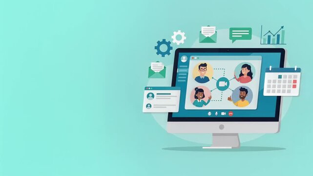 Video Conference Call Screen with Diverse People and Business Icons