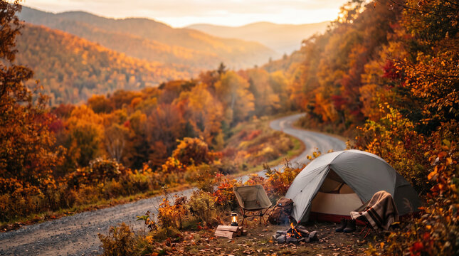 Camping tent beside a mountain autumn road in vibrant fall landscape  