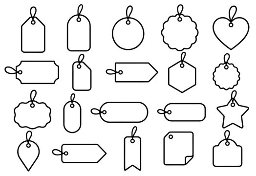 Various blank price tags and gift labels outline icons collection isolated on transparent background
