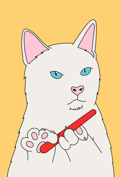 Vector Illustration Portrait of a White Cat Grabbing a Nail File. Sharpening Claws with Sassy Expression. Isolated on Yellow Background