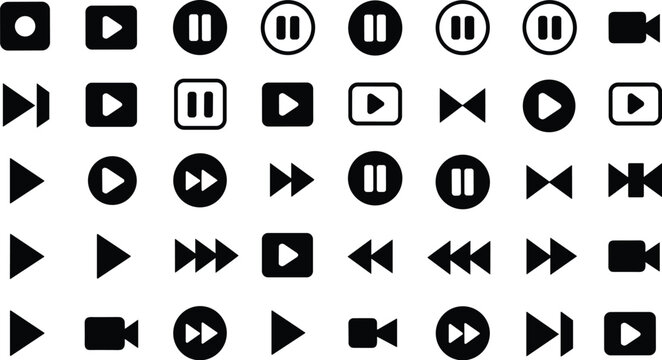 Media player icon set vector illustration with play pause fast forward rewind camera control buttons white background