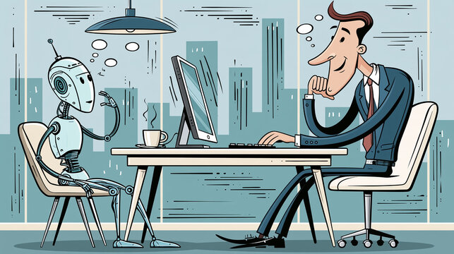 Businessman and robot working on computer, flat design cartoon style