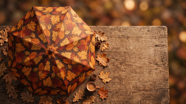 Fall foliage print umbrella on a wooden table with autumn leaves  