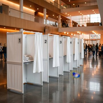 Voting booths in a spacious hall , Election Law Justice And Democracy Concept.