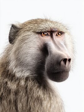 Close Up Portrait Of A Baboon Head With Digital Particle Dispersion Effect On White Background