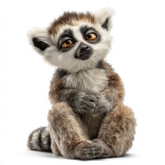 Fototapeta premium Cute Baby Ring Tailed Lemur Sitting Upright With Large Brown Eyes On A White Studio Background
