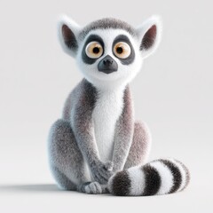 Fototapeta premium Cute Ring Tailed Lemur Character With Big Expressive Eyes Sitting On Plain White Studio Background