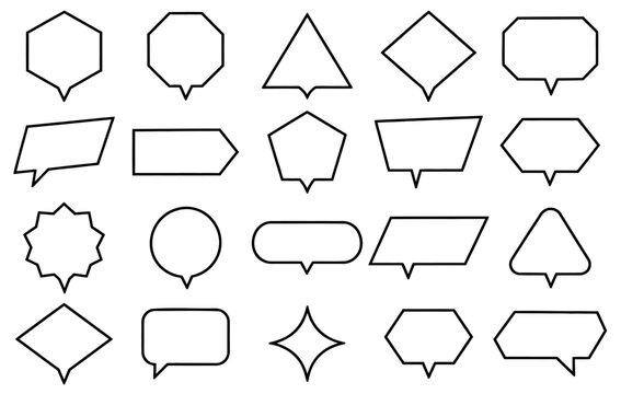 Diverse geometric speech bubbles collection featuring various polygon outlines including triangles rectangles circles and stars isolated on transparent background