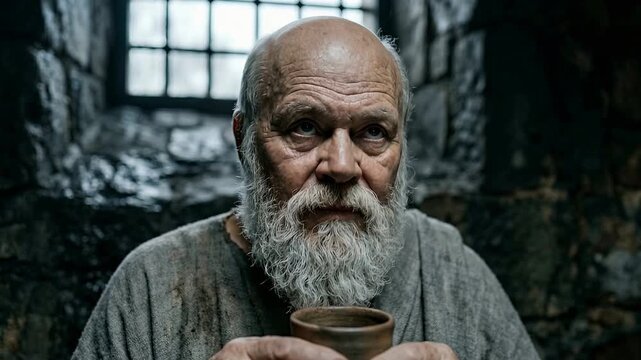 Elderly Ancient Philosopher Contemplating a Small Cup Inside a Dark Stone Cell, Dramatic Historical Scene of Wisdom, Mortality, Reflection, Ethics, Philosophy, Final Choice, Courage and Human Thought