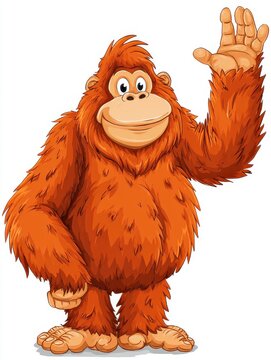 Friendly Cartoon Orangutan Waving Its Hand Against A Solid White Background