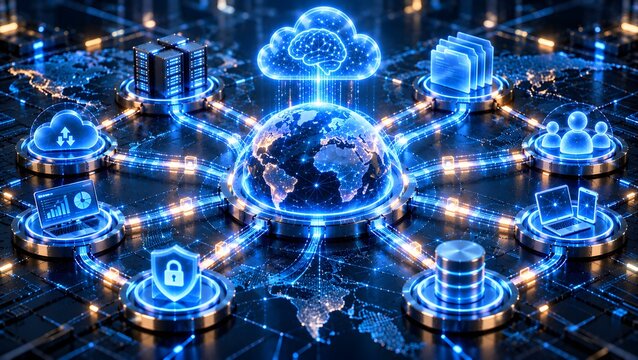 Global cloud computing network with artificial intelligence brain integration, digital data security, and communication infrastructure connecting devices and users worldwide on a futuristic