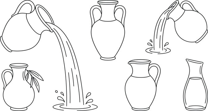 Minimalist black and white vector line art icon set featuring various ceramic jugs amphoras pitching jars pouring water and olive oil