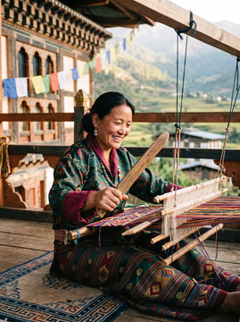 Happy Bhutanese woman weaving traditional textile on a backstrap loom outdoors
