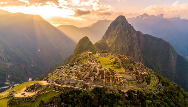 Machu Picchu ancient Inca ruins in the Andes mountains at sunrise.