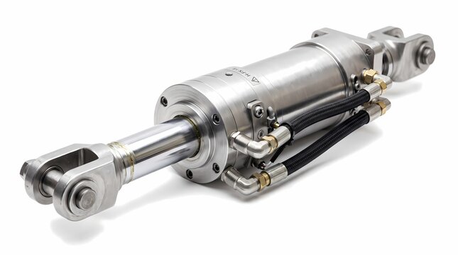 Industrial hydraulic cylinder with chrome piston rod, heavy duty pneumatic actuator for machinery, metallic mechanical part on white background