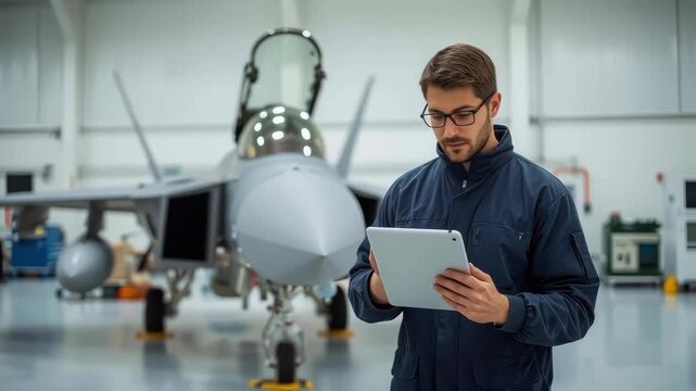 Military Engineer Inspection of Fighter Aircraft in Aircraft Hangar Using Tablet Computer Aviation