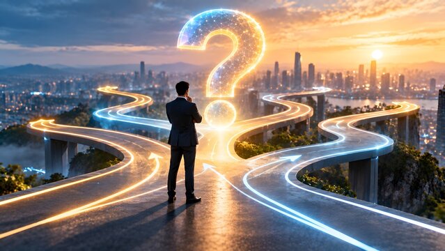 Thoughtful businessman standing at a futuristic crossroads with multiple glowing winding paths and a giant digital question mark, representing career decisions, future possibilities and strategy