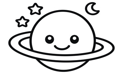 Cute smiling saturn planet with ring in outer space with stars vector design coloring page © Roni