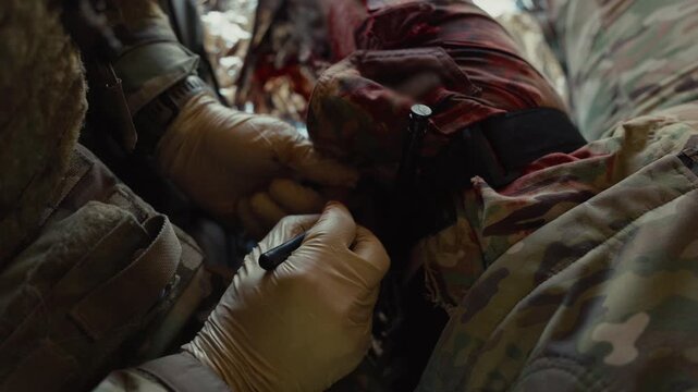 A gloved medic writes the application time on a tourniquet strapped to a wounded soldier's leg in the field.