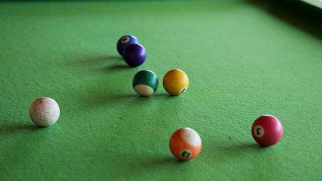 Billiard Game Scene With Moving Blue Ball And Cue Stick