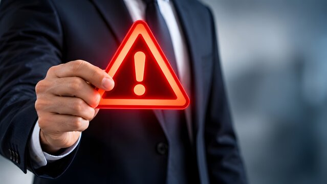 Businessman holding a glowing red triangle warning sign with an exclamation mark representing alert, danger, risk management, system error, or security notification in a professional setting