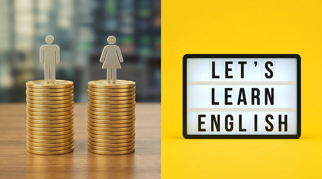 minimal Equality, Finance. Gender pay equality concept man and woman on a stack of coins let's learn english