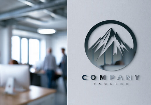 Glossy Metal Logo on Office Wall Mockup