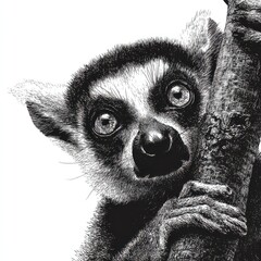 Fototapeta premium Stippled Illustration Of A Lemur Portrait With Wide Eyes Against A Stark White Background
