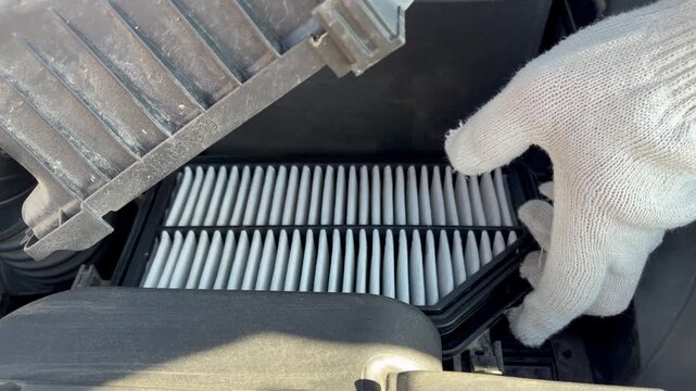 Close-up of a mechanic removes a car engine's air filter for maintenance. Automotive maintenance, DIY car repair, and routine vehicle servicing