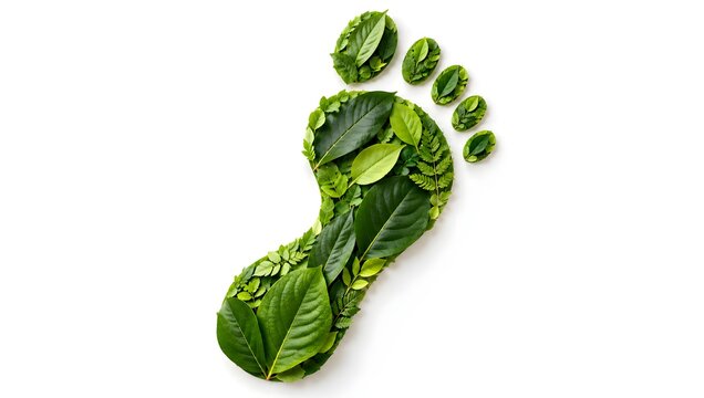 Ecological human footprint made of various fresh green leaves isolated on white background, representing carbon footprint reduction, sustainable living, and environmental conservation concepts.