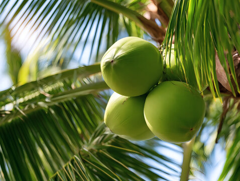 Cluster of fresh green coconuts growing on a palm tree against a tropical blue sky, surrounded by lush green palm leaves.