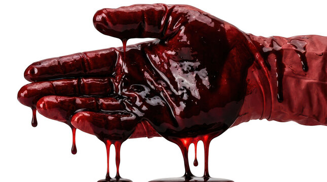 A scary human hand covered in red blood dripping down with a dark horror theme for crime or thriller concepts isolated on a white background